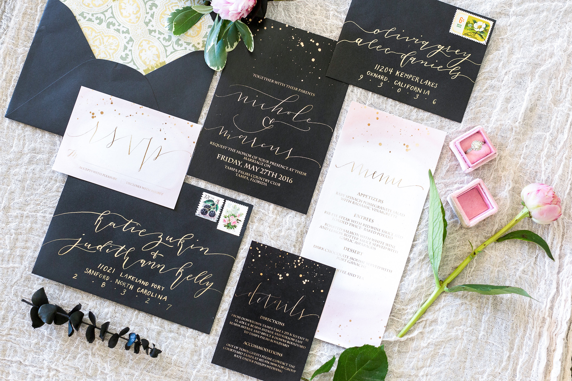 Black, gold and blush invitation